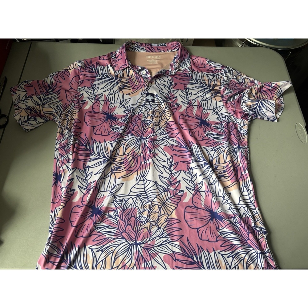 Pins and Aces Polo Shirt Mens XXL Pink White Floral Golf Performance Stretch